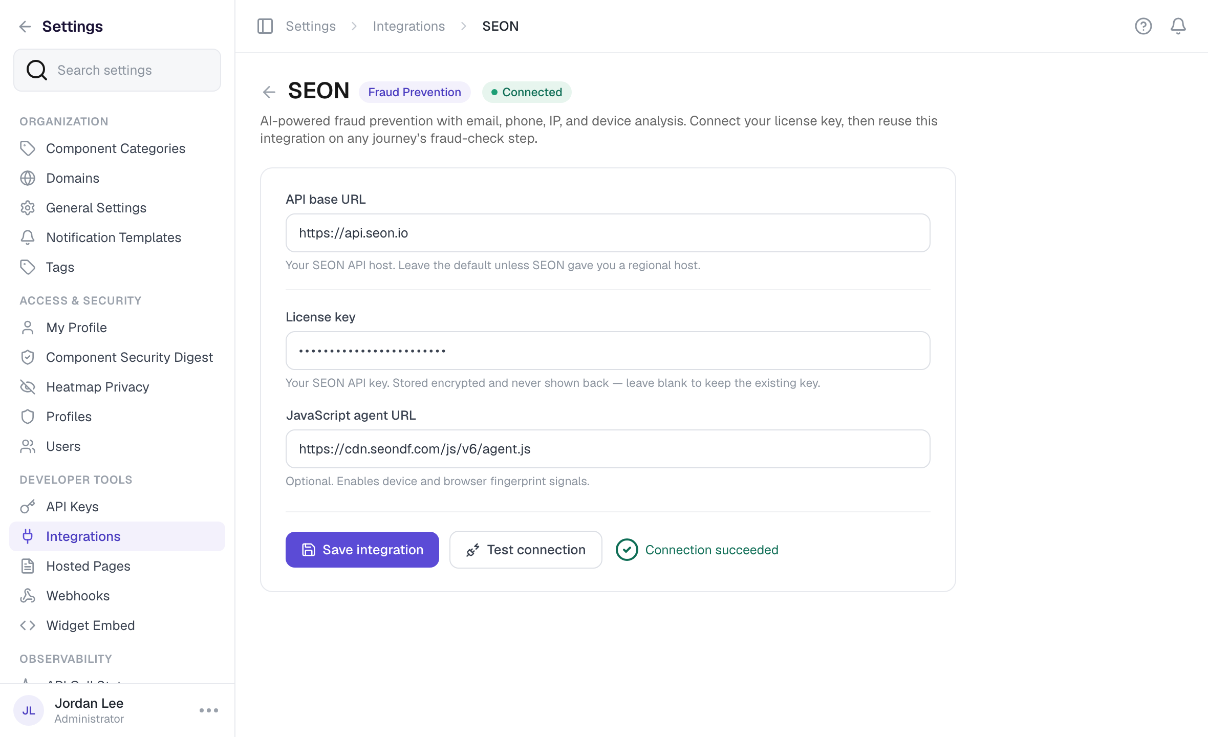 SEON integration form in Settings, showing API base URL, license key, and JavaScript agent URL fields with a Test connection button