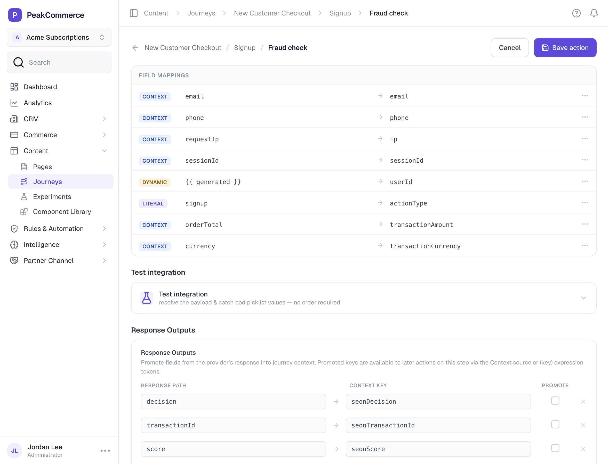The journey action editor for a fraud check, showing the field mappings table, a Test integration panel, and a Response Outputs table that promotes SEON's response into journey context